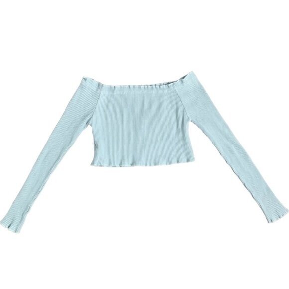 Shein Women’s Off The Shoulder Top Cropped Long Sleeves Pale Blue Size Medium - Picture 2 of 11